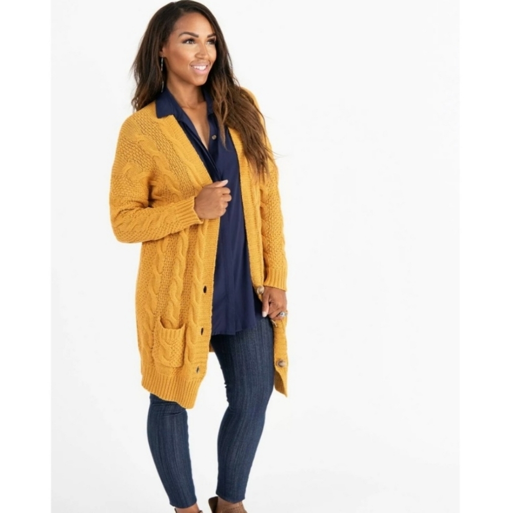 Agnes & Dora Mustard Boyfriend Cardigan Size L - Picture 2 of 6